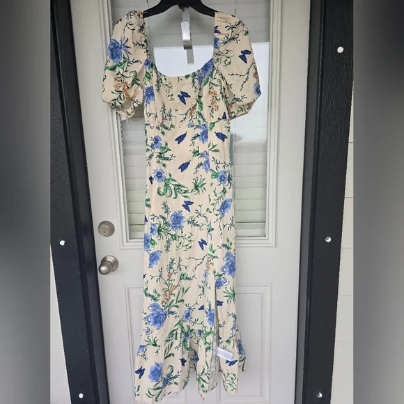 London Times Linen Blend Floral-Print Puff-Sleeve Midi Dress Sz 16 Smocked Back - Picture 10 of 15